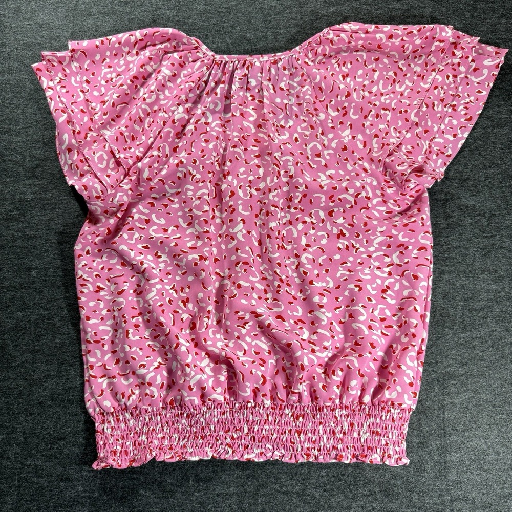 THML Blouse Women Medium Pink Hearts Ruffle Smocked Waist Whimsical Romantic - Picture 2 of 7